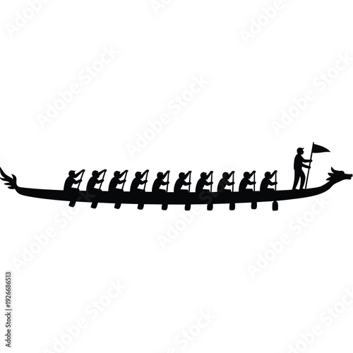 Silhouetted dragon boat team paddling with a steersman and flag bearer