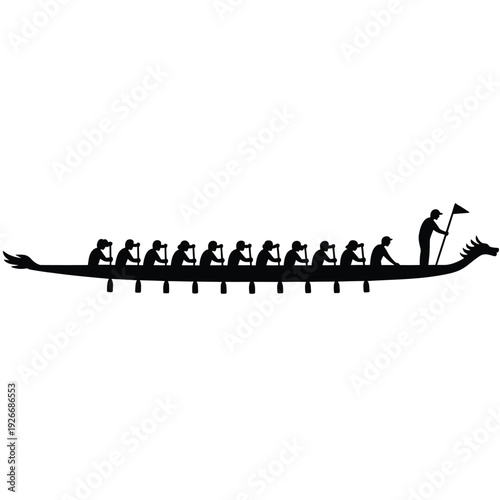 Silhouetted dragon boat team with paddlers and a steersperson on water