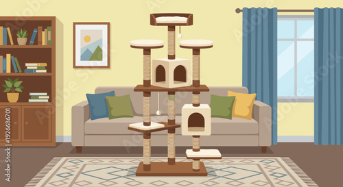 Tall brown and beige cat tree condo with scratching posts and perches stands in a comfortable living room interior with a sofa, rug, and bookcase in a flat cartoon style
