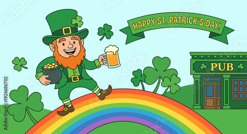 Happy illustrated leprechaun with a red beard holding gold and beer walks on a rainbow towards a pub in a festive St. Patrick's Day greeting card design