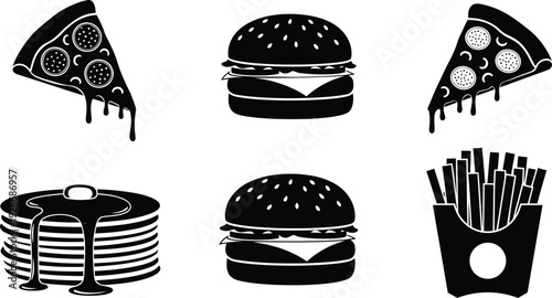 Black Fast Food Icons Pizza Burger Pancakes Fries Set