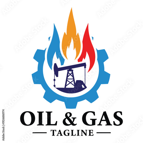 Oil and gas industry logo with pumpjack gear and flames  energy sector symbol icon