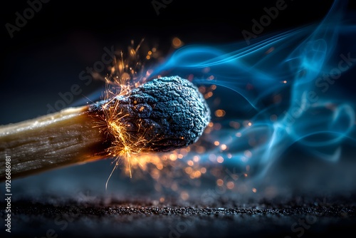 Macro photography captures a matchstick being struck at the exact moment of ignition with flying sparks and swirling blue smoke against dark.