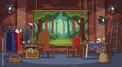 Theater backstage area with props and costumes for a medieval play, featuring thrones, a treasure chest, a sword, and a forest backdrop under spotlights in a cartoon style