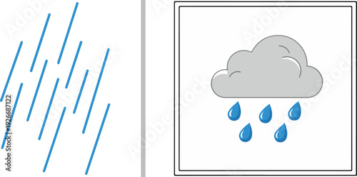 Two weather icons: the left shows stylized blue diagonal lines representing heavy rain; the right features a gray cloud with blue raindrops inside a square frame.