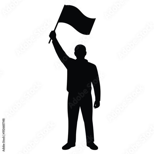 Silhouette of a person raising a waving flag in the air
