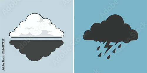 Split-panel vector graphic featuring weather icons. One side shows a white cloud mirrored by a dark shadow; the other shows a dark storm cloud with a lightning bolt and falling raindrops.