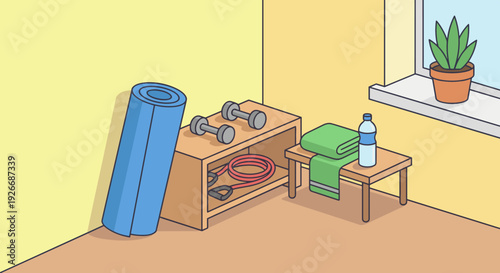 Collection of home workout fitness equipment including a yoga mat, dumbbells, and resistance band in a cozy room with a window and a plant, illustrated in a simple cartoon style