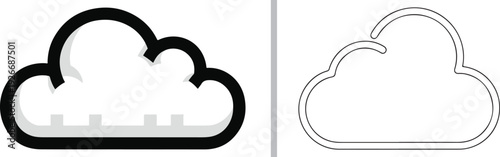 A side-by-side vector comparison featuring a thick, black-outlined cloud icon with internal shading on the left and a clean, thin-lined cloud outline on the right.