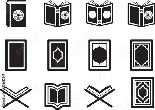 Collection of Islamic book including closed open and standing Quran on stand