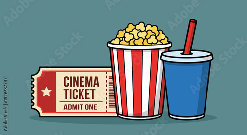 Cinema ticket popcorn and soda drink combo in a retro cartoon style illustration for movie night entertainment concepts, isolated on a solid color background