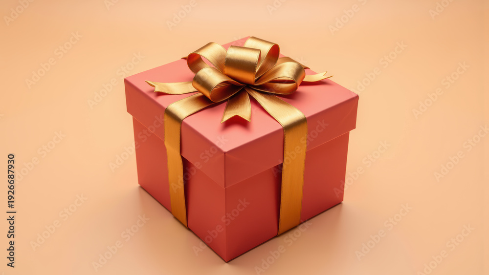 Fototapeta premium Red gift box with gold ribbon, festive present, celebration, surprise, elegant packaging, joyful mood, isolated on peach background