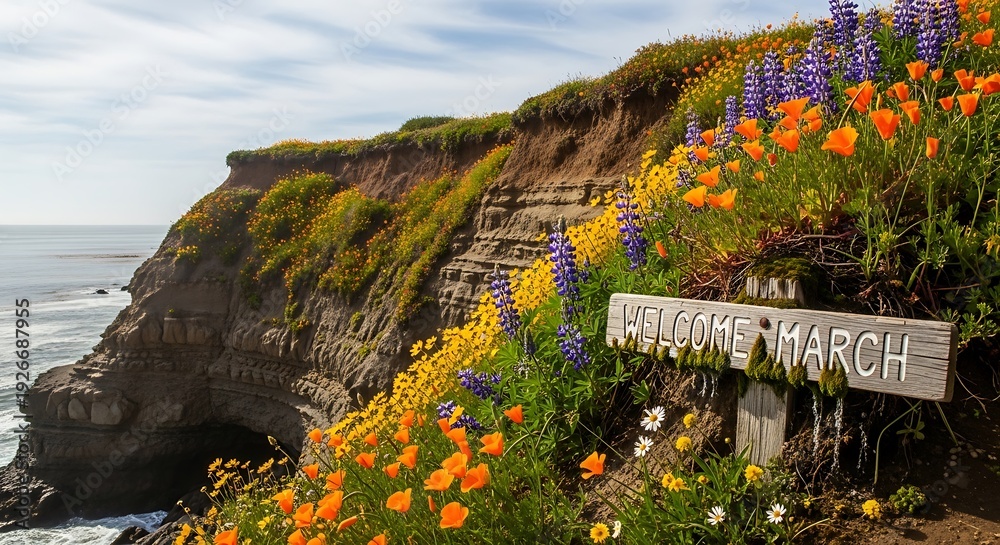 Naklejka premium Cliffside coastal path with wildflowers and ocean view at Hastings March
