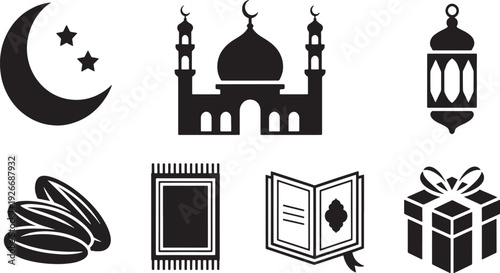 Islamic cultural symbols crescent moon mosque prayer mat Quran lantern gift box dates