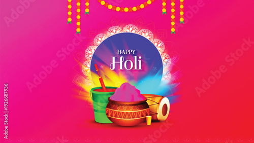 A vibrant illustration for happy holi festival with colors, gulal pot, and drum on a pink gradient background.
