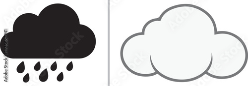 A split vector graphic featuring a solid black silhouette of a cloud with falling raindrops on the left, and a simple gray cloud outline without rain on the right.