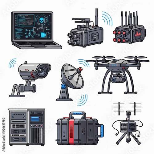 Surveillance equipment and drones displayed on a clean white background from a straightforward viewpoint