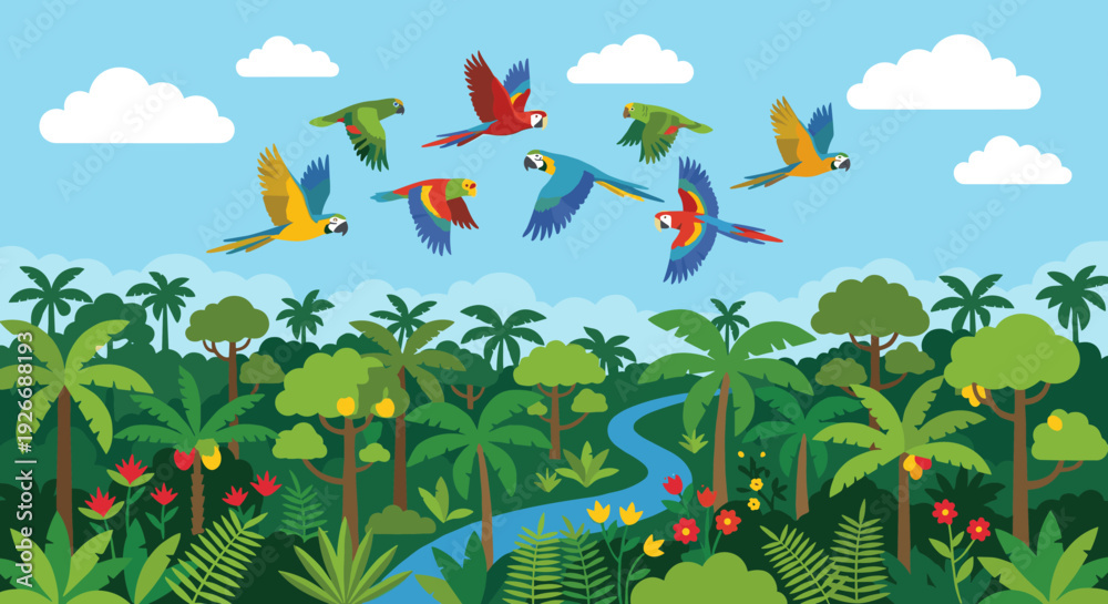 Obraz premium Colorful flock of cartoon macaw parrots flying in a blue sky over a lush tropical jungle with a river, palm trees, and flowers in a flat vector illustration style