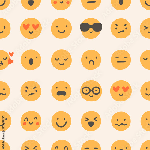 Pattern with yellow emoji. Seamless background with face emotion expressions. Hand-drawn vector texture for textile or wrapping paper
