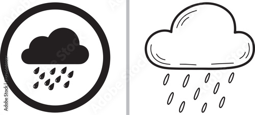 A split vector featuring a black circular icon containing a rainy storm cloud on the left and a hand-drawn, sketchy cloud outline with light falling rain on the right.
