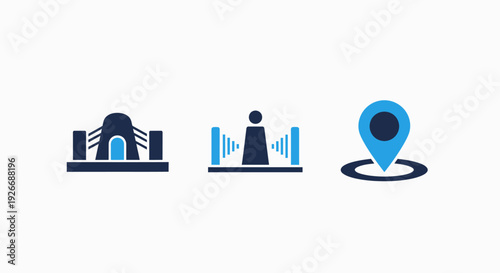 Architectural and location icons: a modern building facade, a security checkpoint with waves, and a location pin. Symbols for architecture, access control, and mapping.