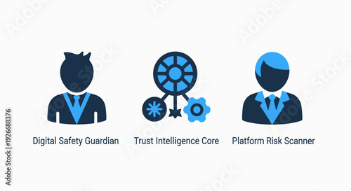 Digital security icons: guardian, intelligence core, and risk scanner, representing cybersecurity, data protection, and threat analysis for modern business.