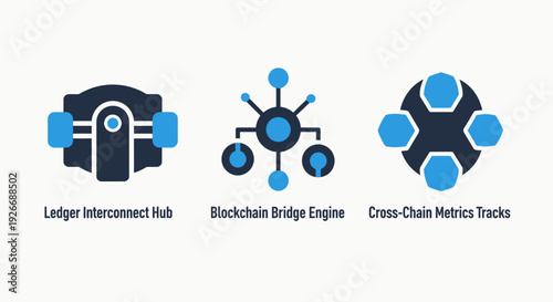 Blockchain and distributed ledger icons: interconnect hub, bridge engine, and cross-chain metrics, representing decentralized finance, network connectivity, and data exchange.