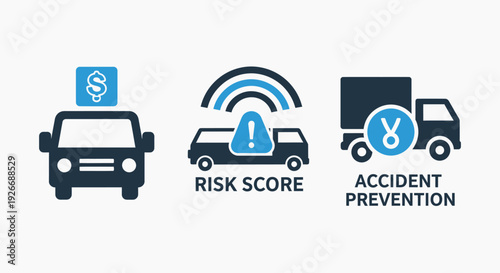 Transportation risk icons: car cost, risk score, and accident prevention for trucks, symbolizing insurance, safety, and fleet management in logistics.