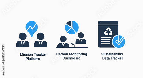 Business analytics icons: mission tracking, carbon monitoring, and sustainability data management dashboards for corporate strategy and ESG reporting.
