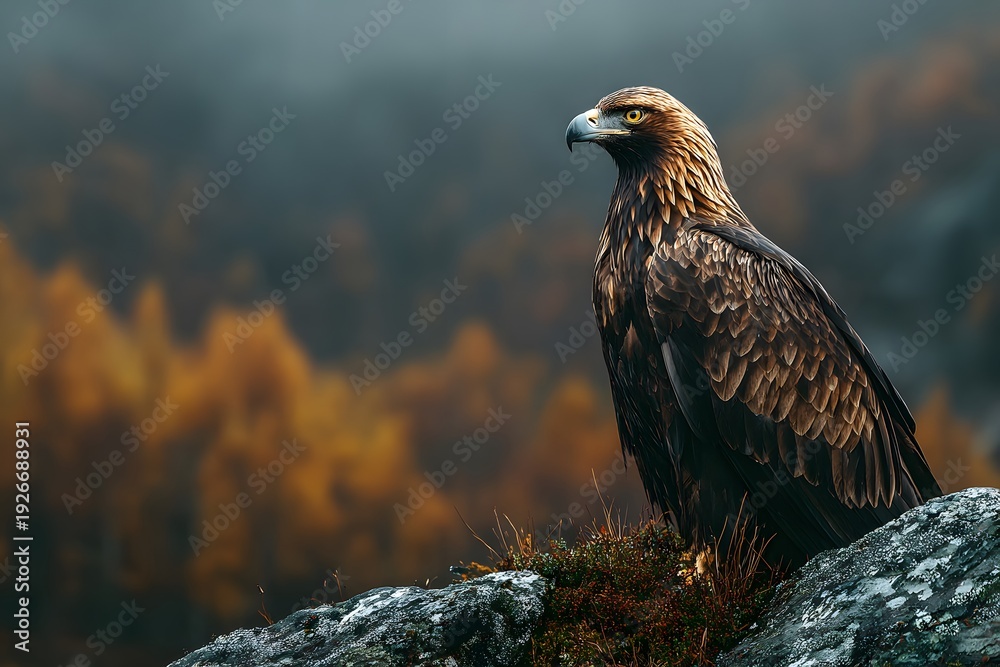 Fototapeta premium Majestic Golden Eagle stands proudly on a mossy granite rock with sharp focus on intense eyes and feathers against a blurred mountain backdrop.