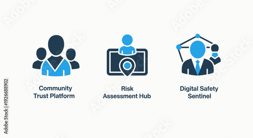 Modern flat icons for community trust, risk assessment, and digital safety, symbolizing secure platforms, user confidence, and vigilant monitoring for online environments.