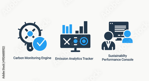 Icons representing carbon monitoring engine, emission analytics tracker, and sustainability performance console for environmental business solutions.