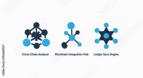 Abstract icons for cross-chain analyzer, blockchain integration hub, and ledger sync engine, symbolizing decentralized finance and network connectivity.