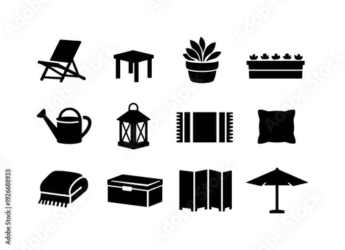 Home balcony relaxation items: folding chair, side table, plant pot, planter box, watering can, lantern, outdoor rug, cushion, throw blanket, storage