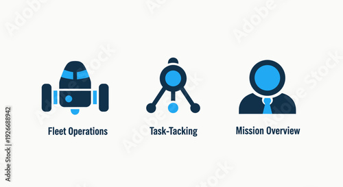 Icons depicting fleet operations, task tracking, and mission overview for logistics, management, and autonomous vehicle coordination.