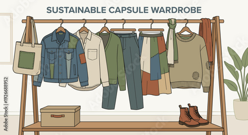 Sustainable capsule wardrobe collection of upcycled clothes with patches hanging on a wooden rack, illustrating slow fashion and conscious consumerism in a minimalist setting