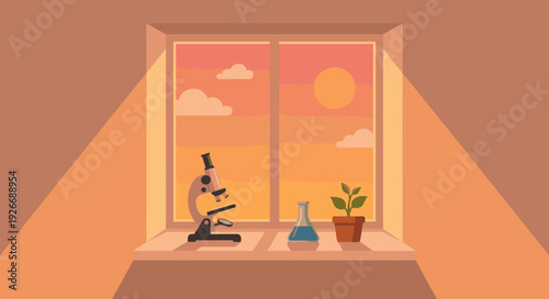 Scientific equipment including a microscope and flask sitting on a windowsill with a potted plant, looking out at a warm sunset sky in a flat vector illustration style