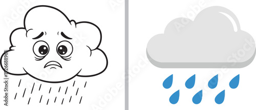 A split vector featuring a worried, hand-drawn cloud character with raining eyes on the left, and a clean, 3D-style gray cloud with bright blue falling raindrops on the right.