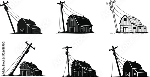Silhouette illustration of six barns with leaning utility poles and power lines, showcasing rustic rural electricity distribution infrastructure designs