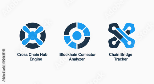 Blockchain icons depicting cross-chain hub engines, connector analyzers, and bridge tracking for decentralized networks.