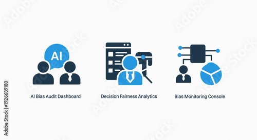 Icons for AI bias audit dashboards, decision fairness analytics, and bias monitoring consoles in ethical technology.