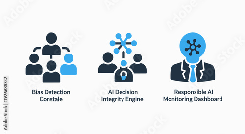 AI and machine learning icons representing bias detection, integrity engine, and responsible AI monitoring. Professional design for ethical technology and data science.