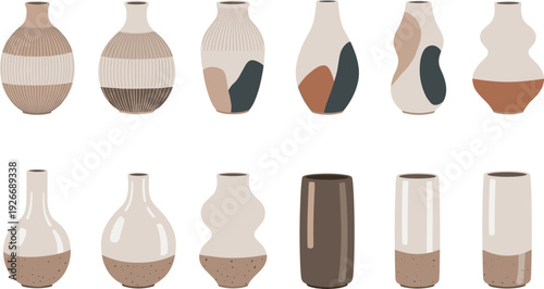 Modern ceramic vase vector set with abstract shapes and earthy tones for home decor interior design and minimalist still life composition.