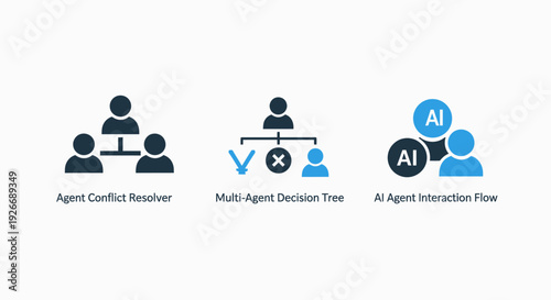 Flat icons depicting AI agent interactions and decision-making: conflict resolver, multi-agent decision tree, and AI interaction flow.
