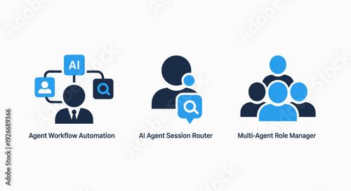 AI agent icons for workflow automation, session routing, and multi-agent role management. Smart technology and human interaction concepts in flat blue and navy.