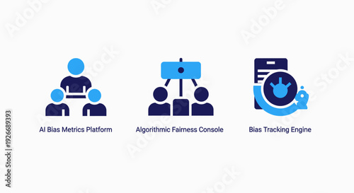 AI fairness and bias icons for metrics platform, algorithmic fairness console, and bias tracking engine. Ethical AI development and data analysis tools.