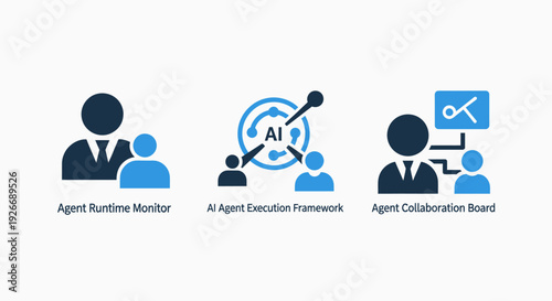AI agent system icons: runtime monitor, execution framework, and collaboration board for intelligent agent management