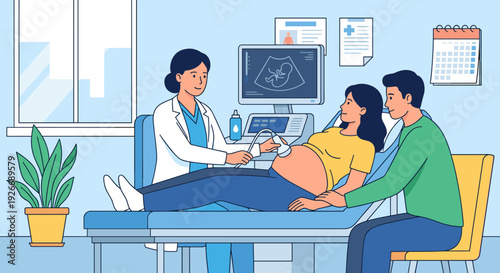 Female doctor performs an ultrasound on a pregnant woman lying on a bed as her happy partner watches the fetus on the monitor screen in a modern clinic