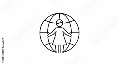 Line drawing of a person with outstretched arms inside a globe on a white background with black lines.