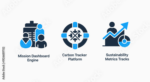 Flat vector icons depicting mission dashboard, carbon tracker platform, and sustainability metrics, for environmental and business tracking.